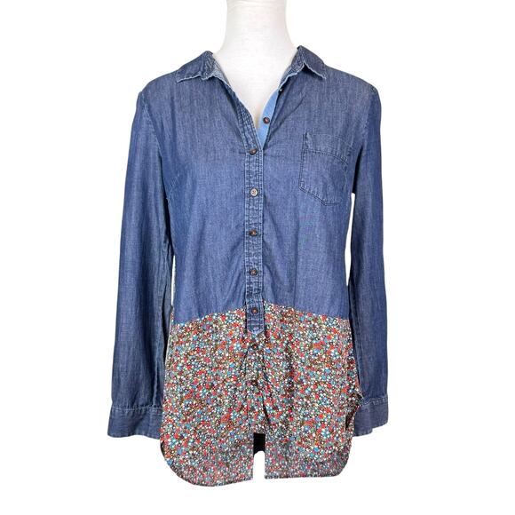 Postmark Anthropologie Flora-Spliced Chambray Floral Button Up Long Sleeve Top - Picture 3 of 10